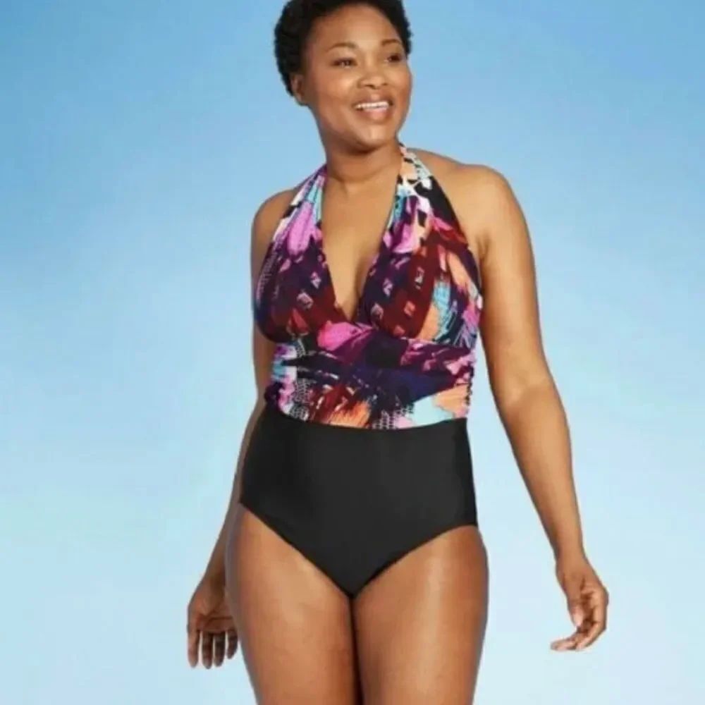 Aqua Green Colorful Halter One Piece Swimsuit